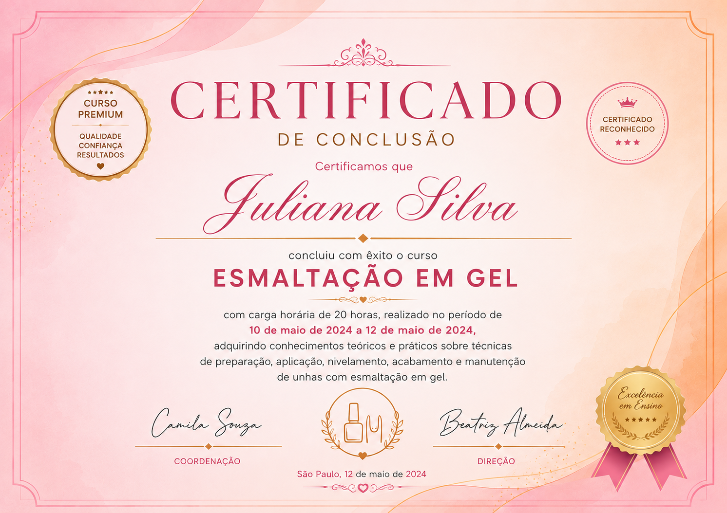 Certificado de conclusão do curso de esmaltação em gel